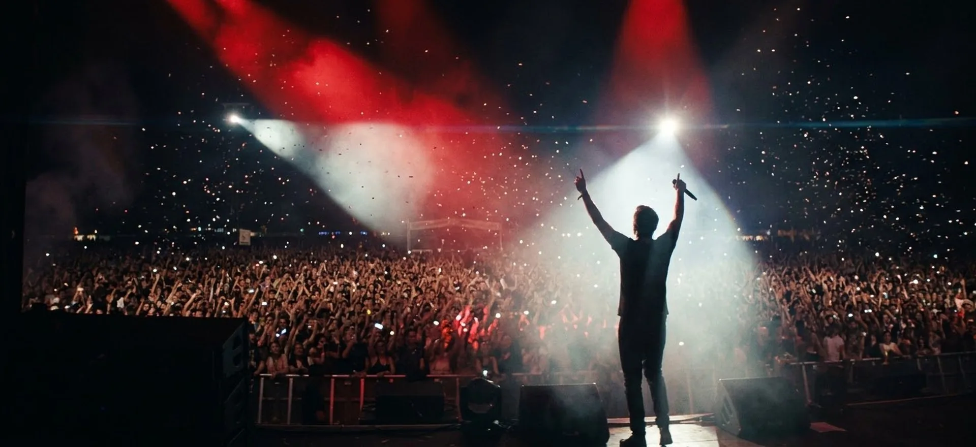 An artist on a big outdoor stage seen from behind, facing a night crowd