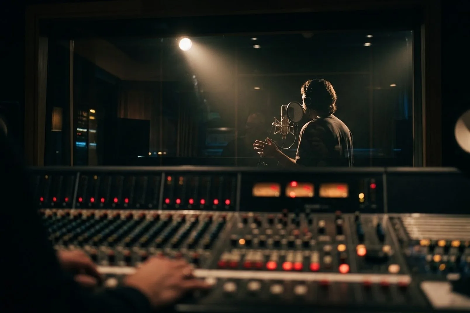 An artist in a vocal booth seen from behind through the studio glass